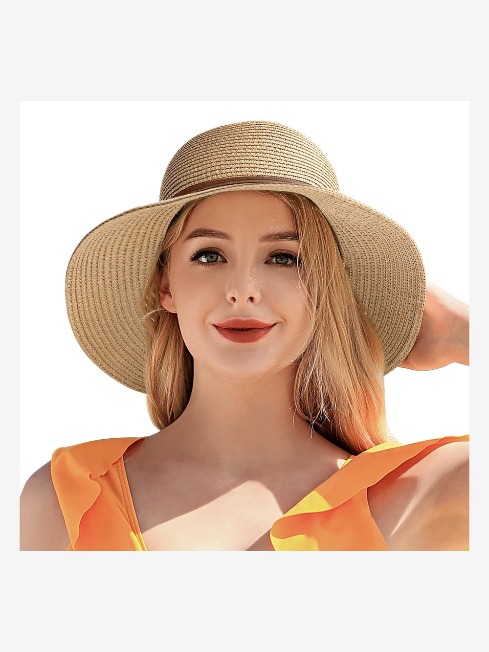 Beach Sun Straw Hats for Women, UPF 50+ UV Sun | 9Cm, Khaki Circle | Size OS